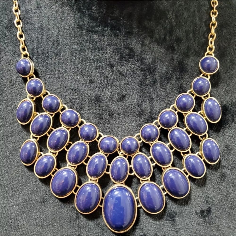 Blue Rhinestone Gold Chain Statement Necklace Vtg - Picture 5 of 8